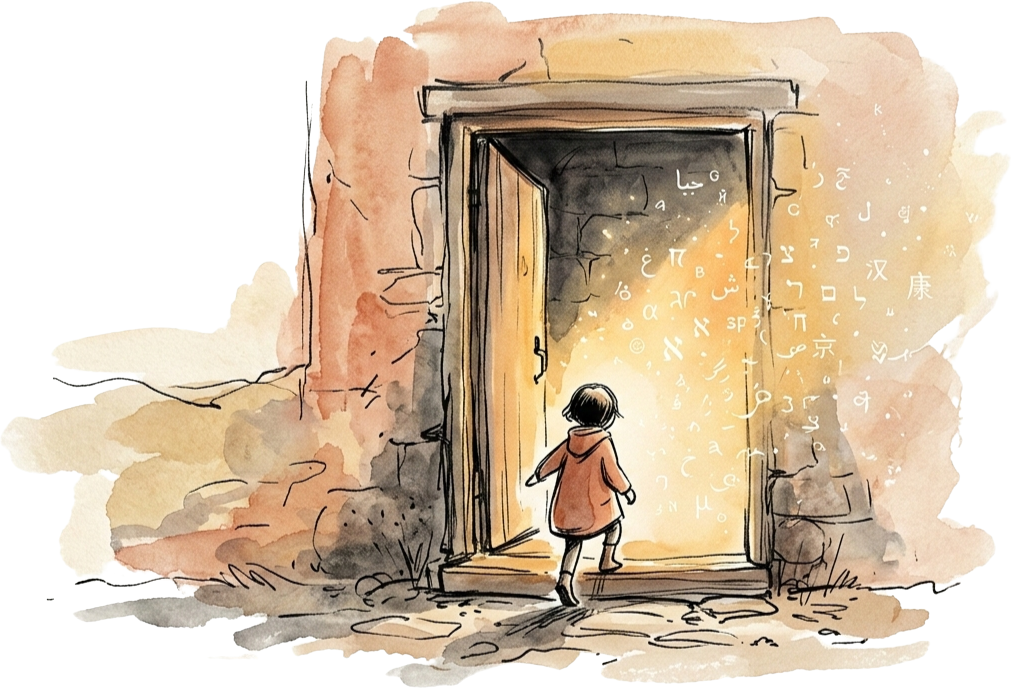 A figure stepping through a doorway into warm light