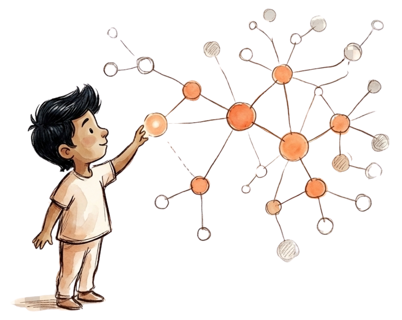 A figure standing beside a growing constellation of knowledge