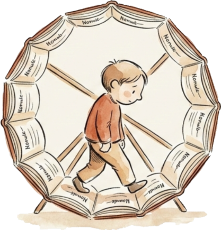 A person walking on a hamster wheel made of books, going nowhere
